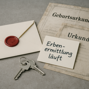 Zwei Schlüssel, ein versiegelter Umschlag mit Wachssiegel und Dokumente 'Geburtsurkunde', 'Urkunde' sowie ein Zettel 'Erbenermittlung läuft'.