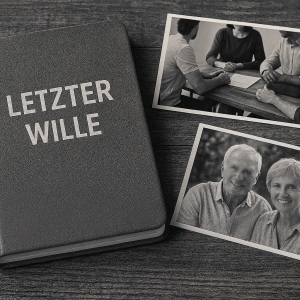 Schwarzes Buch mit Aufschrift LETZTER WILLE, zwei Schlüssel und zwei Schwarz-Weiß-Fotos, eines von einem älteren Ehepaar und eines von einer Besprechung.