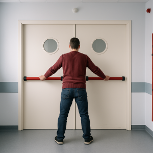 Ein Mann in Jeans und weinrotem Pullover steht mit dem Rücken zur Kamera und hält einen roten Panik-Türriegel fest, symbolisiert ein verschlossenes Problem.