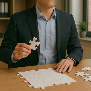 Ein Geschäftsmann im Anzug hält ein Puzzleteil über ein fast fertiggestelltes weißes Puzzle. Symbolisiert die Lösung eines komplexen Falls.