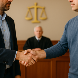 Zwei Männer geben sich die Hand in einem Gerichtssaal vor einem Richter. Symbolisiert eine juristische Einigung oder einen Geschäftsabschluss.