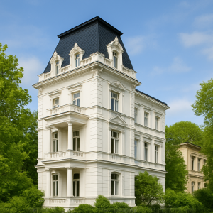 Prächtige, vierstöckige Altbau-Villa in weißem Putz mit dunklem Schieferdach und Erkern, umgeben von grünem Laubwerk.